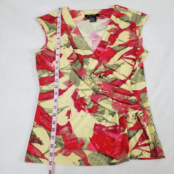 Etcetera Womens Knit Shirt Size Medium Yellow Floral Sleeveless Cross Over Wrap - Picture 5 of 5